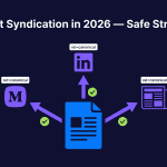 Flat minimalist illustration on dark navy background. A large electric blue blog post document icon in the center with three violet arrows pointing outward to Medium, LinkedIn, and a newspaper icon. Each arrow has a green checkmark badge and a rel=canonical label. White headline at top: Content Syndication in 2026 — Safe Strategies.