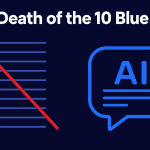 Flat minimalist illustration on dark navy background. Left: a list of 10 horizontal blue lines representing classic search results, crossed out with a bold red diagonal line. Right: a glowing electric blue AI chat bubble with "AI" text and sparkle icons. White bold headline at top: The Death of the 10 Blue Links
