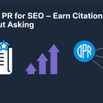 Flat minimalist illustration on dark navy background. Left: a white newspaper icon with an electric blue star badge. Center: three violet upward arrows representing authority growth. Right: an electric blue brand circle connected by dotted lines to three media outlet icons. White headline at top: Digital PR for SEO — Earn Citations Without Asking.
