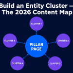Flat minimalist illustration on dark navy background showing a hub-and-spoke network diagram. A large electric blue circle labeled PILLAR PAGE in the center, connected by double-headed arrows to five violet circles labeled CLUSTER 1 through CLUSTER 5. White bold headline at top: Build an Entity Cluster — The 2026 Content Map.