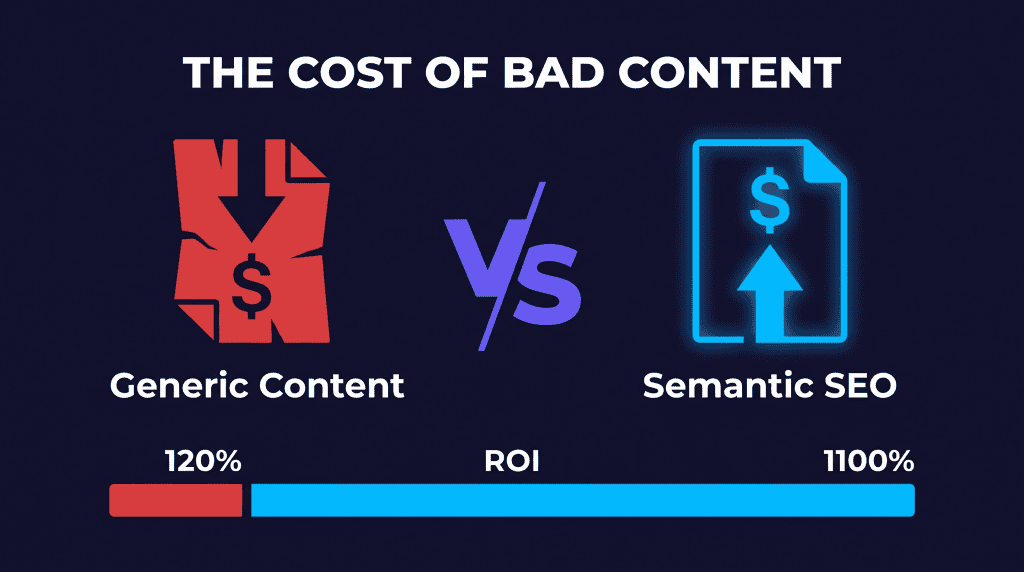 Flat illustration on dark navy background showing a crumpled red document labeled Generic Content with 120% ROI bar on the left, versus a glowing blue document labeled Semantic SEO with 1100% ROI bar on the right, separated by a violet VS divider.