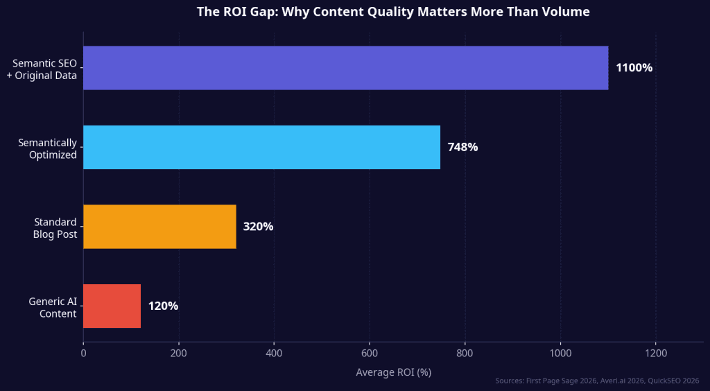 Horizontal bar chart titled The ROI Gap: Why Content Quality Matters More Than Volume, showing average ROI for Generic AI Content at 120% in red, Standard Blog Post at 320% in orange, Semantically Optimized at 748% in blue, and Semantic SEO plus Original Data at 1100% in violet.