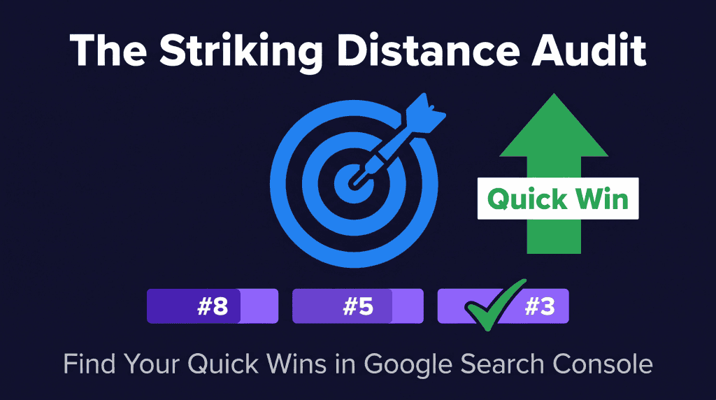 Flat minimalist illustration on dark navy background: a blue dartboard with a dart, three violet position bars labeled #8, #5, #3 with a green checkmark on #3, and a green Quick Win arrow. Headline: The Striking Distance Audit.