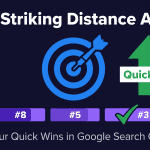 Flat minimalist illustration on dark navy background: a blue dartboard with a dart, three violet position bars labeled #8, #5, #3 with a green checkmark on #3, and a green Quick Win arrow. Headline: The Striking Distance Audit.