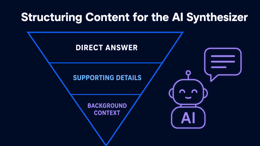 Flat minimalist illustration on dark navy background showing an inverted triangle divided into three sections: Direct Answer at top in white, Supporting Details in blue, Background Context in violet. To the right: a violet AI robot icon with a speech bubble containing extracted text lines. White headline at top: Structuring Content for the AI Synthesizer.
