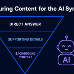 Flat minimalist illustration on dark navy background showing an inverted triangle divided into three sections: Direct Answer at top in white, Supporting Details in blue, Background Context in violet. To the right: a violet AI robot icon with a speech bubble containing extracted text lines. White headline at top: Structuring Content for the AI Synthesizer.