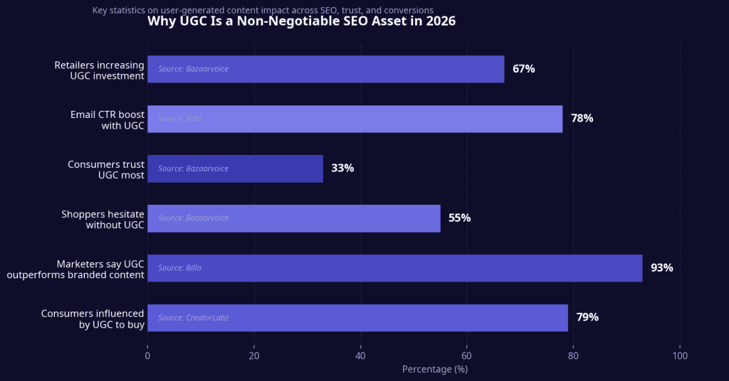 Horizontal bar chart titled Why UGC Is a Non-Negotiable SEO Asset in 2026, showing six statistics: 79% of consumers influenced by UGC to buy, 93% of marketers say UGC outperforms branded content, 55% of shoppers hesitate without UGC, 33% of consumers trust UGC most, 78% email CTR boost with UGC, and 67% of retailers increasing UGC investment.