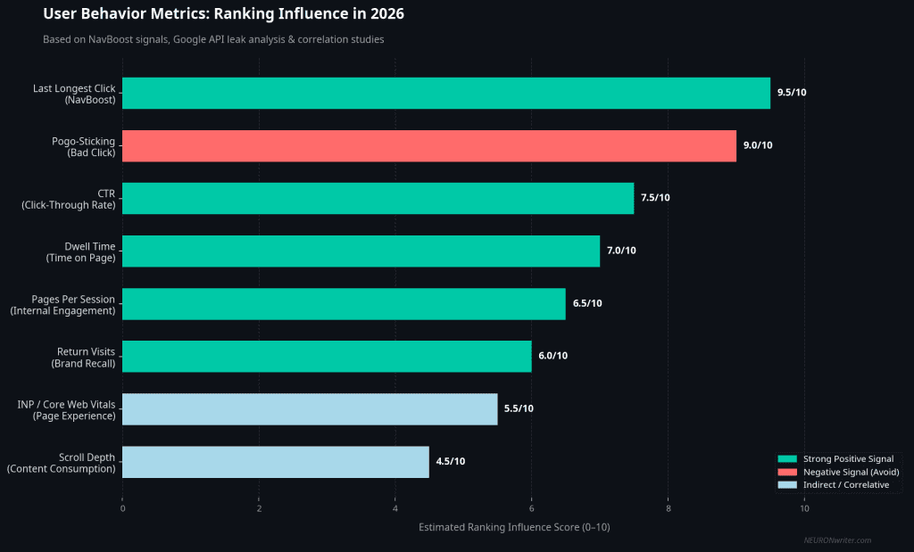 User Behavior Metrics: Ranking Influence in 2026 — bar chart showing NavBoost signals and ranking influence scores for dwell time, CTR, pogo-sticking and more