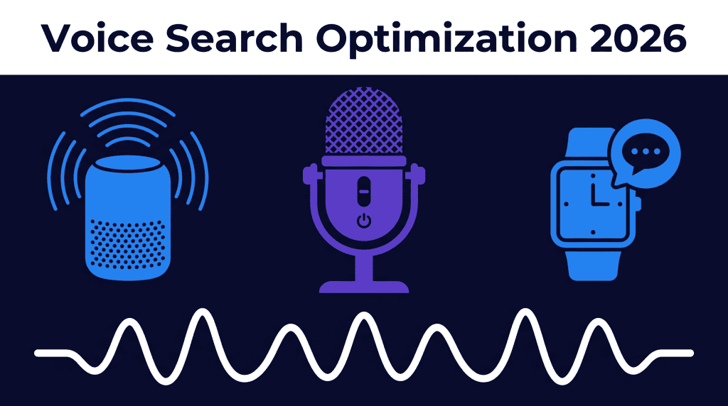 Flat illustration on dark navy background showing a smart speaker icon with sound waves on the left, a violet microphone in the center, and a smartwatch with a chat bubble on the right. White audio waveform at the bottom. Headline: Voice Search Optimization 2026.