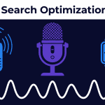 Flat illustration on dark navy background showing a smart speaker icon with sound waves on the left, a violet microphone in the center, and a smartwatch with a chat bubble on the right. White audio waveform at the bottom. Headline: Voice Search Optimization 2026.