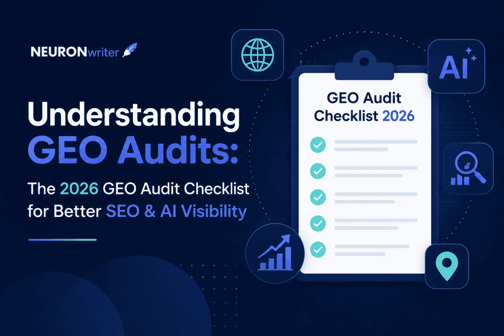 Understanding GEO Audits: The 2026 GEO Audit Checklist for Better SEO & AI Visibility – minimalist featured image showing a GEO audit checklist, AI, SEO analytics, globe, location, and search icons with the NEURONwriter logo on a dark blue background.
