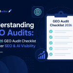 Understanding GEO Audits: The 2026 GEO Audit Checklist for Better SEO & AI Visibility – minimalist featured image showing a GEO audit checklist, AI, SEO analytics, globe, location, and search icons with the NEURONwriter logo on a dark blue background.