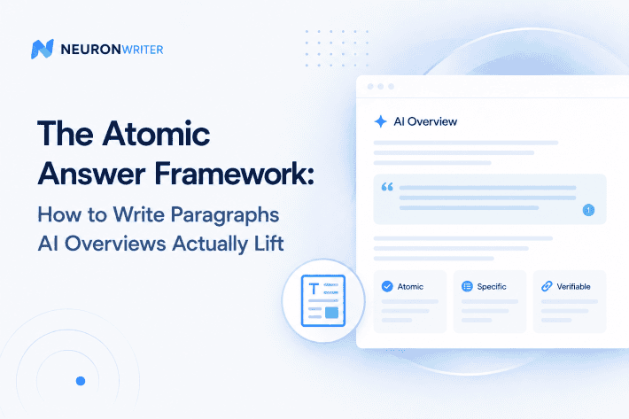 Minimalist illustration of the Atomic Answer Framework for writing paragraphs that AI Overviews can cite
