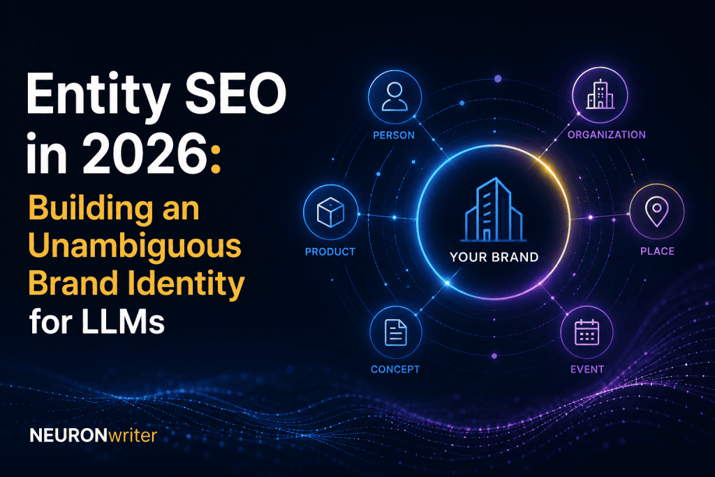 Minimalist featured image with the title "Entity SEO in 2026: Building an Unambiguous Brand Identity for LLMs" on a dark background with green typography.