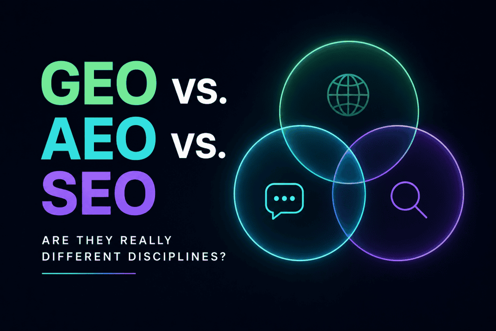 Illustration comparing GEO, AEO, and SEO strategies, showing how each optimizes content for traditional search engines, answer engines, and AI-powered search platforms.