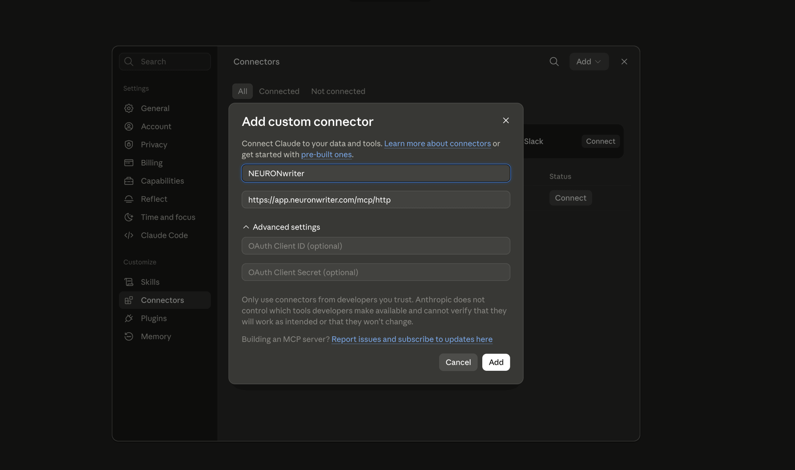 MCP Connector Settings