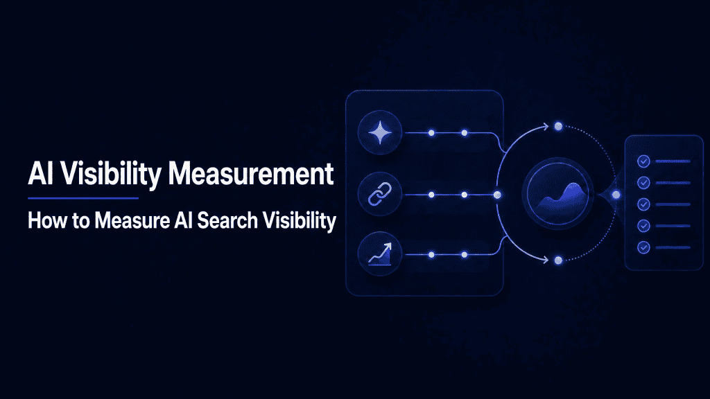 Dark navy measurement framework with visibility, citation, and outcome signals flowing into an action checklist.