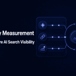 Dark navy measurement framework with visibility, citation, and outcome signals flowing into an action checklist.