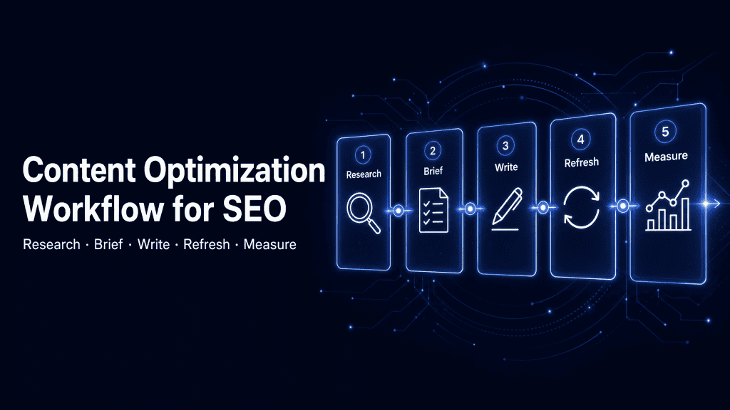 Five-stage content optimization workflow for SEO: research, brief, write, refresh, and measure.
