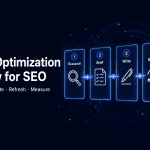 Five-stage content optimization workflow for SEO: research, brief, write, refresh, and measure.