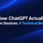 How ChatGPT Actually Chooses Sources: A Technical Breakdown – dark blue WordPress featured image with a modern SaaS design, featuring the article title in bold white and blue typography on a navy gradient background with subtle abstract light curves, inspired by the NEURONwriter blog style.