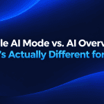 Google AI Mode vs. AI Overviews: What's Actually Different for SEOs – dark-themed WordPress featured image with bold white and blue typography on a deep navy gradient background with subtle abstract light waves, designed in a modern SaaS style inspired by the NEURONwriter blog.