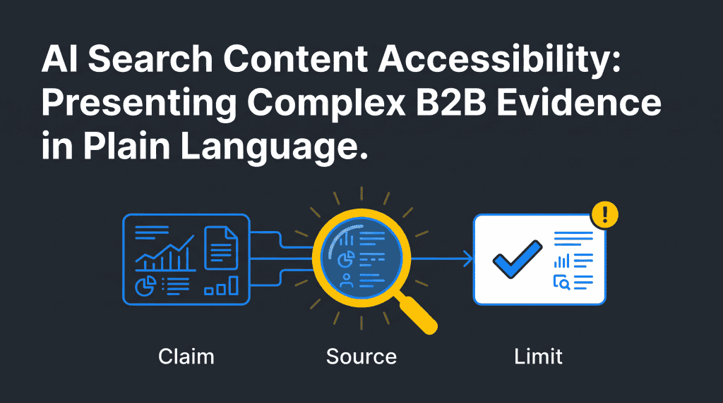 AI Search Content Accessibility infographic showing a complex B2B evidence card translated into a clear claim, source, and limit.