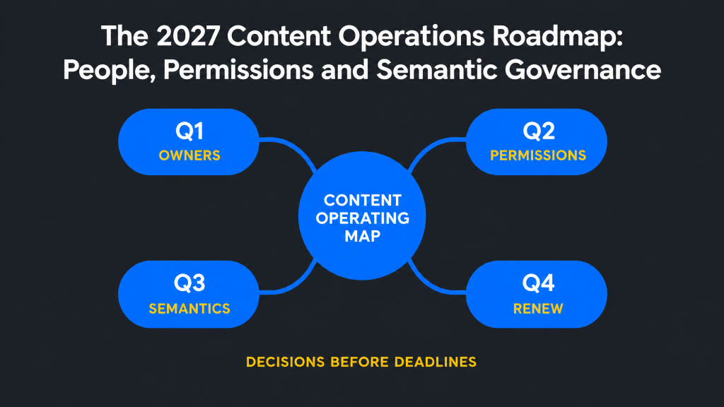 Infographic for The 2027 Content Operations Roadmap: People, Permissions and Semantic Governance, showing four quarterly decisions around a central content operating map.