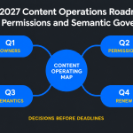 Infographic for The 2027 Content Operations Roadmap: People, Permissions and Semantic Governance, showing four quarterly decisions around a central content operating map.