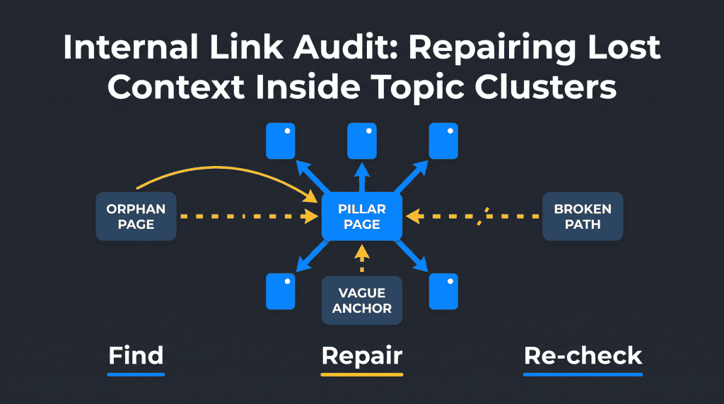 Internal Link Audit: Repairing Lost Context Inside Topic Clusters — NEURONwriter featured infographic showing a pillar page, orphan page, broken path and vague anchor.