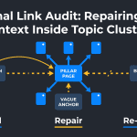Internal Link Audit: Repairing Lost Context Inside Topic Clusters — NEURONwriter featured infographic showing a pillar page, orphan page, broken path and vague anchor.