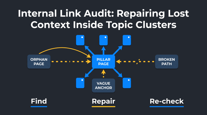 Internal Link Audit: Repairing Lost Context Inside Topic Clusters — NEURONwriter featured infographic showing a pillar page, orphan page, broken path and vague anchor.