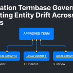 Dark navy infographic titled Localization Termbase Governance: Preventing Entity Drift Across Markets with an approved-term flow.
