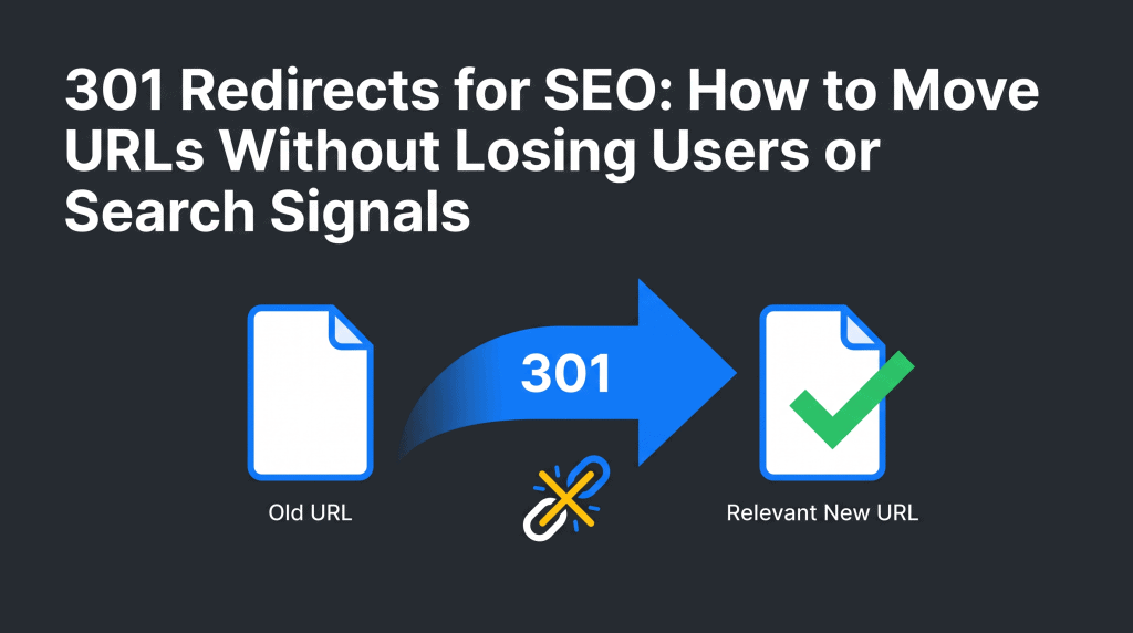 301 Redirects for SEO: How to Move URLs Without Losing Users or Search Signals — NEURONwriter infographic showing an old URL moving directly to a relevant new URL.