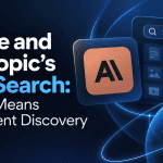 Claude and Anthropic's Web Search: What It Means for Content Discovery featured image with a dark blue futuristic background, AI search interface, glowing globe, and modern digital elements illustrating AI-powered web search, content discovery, and search technology.