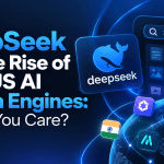 DeepSeek and the Rise of Non-US AI Search Engines: Should You Care? featured image with a dark blue technology background, AI search interface, digital globe, and global search engine icons illustrating the growth of non-US AI search engines, content discovery, and international AI-powered search.