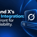 Grok and X's Search Integration: A New Front for Brand Visibility featured image with a dark blue minimalist background, Grok and X-inspired interface elements, modern search bar, and AI search integration concept illustrating brand visibility, AI-powered search, and social search discovery.