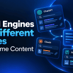 Why AI Engines Cite Different Sources for the Same Content – featured image with a dark blue background, ChatGPT, Google, Claude, Perplexity, and DeepSeek search interfaces connected to a central document, illustrating AI source citations, content discovery, and differences in AI-powered search results.