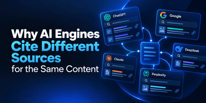 Why AI Engines Cite Different Sources for the Same Content – featured image with a dark blue background, ChatGPT, Google, Claude, Perplexity, and DeepSeek search interfaces connected to a central document, illustrating AI source citations, content discovery, and differences in AI-powered search results.