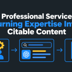 SEO for Professional Services Firms: Turning Expertise Into Citable Content – featured image with a dark charcoal background, blue and yellow icons representing professional expertise, AI-powered search results, and verified content citations, illustrating SEO authority and visibility in AI search engines.