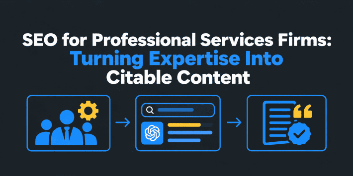 SEO for Professional Services Firms: Turning Expertise Into Citable Content – featured image with a dark charcoal background, blue and yellow icons representing professional expertise, AI-powered search results, and verified content citations, illustrating SEO authority and visibility in AI search engines.