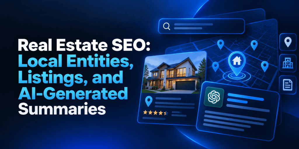 Real Estate SEO: Local Entities, Listings, and AI-Generated Summaries – featured image with a dark blue background, property listing, digital map with location pins, and AI-generated search summary illustrating local real estate SEO, property visibility, and AI-powered search results.