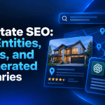Real Estate SEO: Local Entities, Listings, and AI-Generated Summaries – featured image with a dark blue background, property listing, digital map with location pins, and AI-generated search summary illustrating local real estate SEO, property visibility, and AI-powered search results.