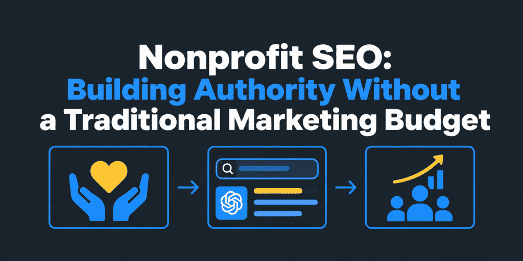 Nonprofit SEO: Building Authority Without a Traditional Marketing Budget – featured image with a dark charcoal background, blue and yellow icons representing nonprofit support, AI-powered search results, community growth, and organic visibility through SEO without a large marketing budget.
