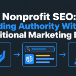 Nonprofit SEO: Building Authority Without a Traditional Marketing Budget – featured image with a dark charcoal background, blue and yellow icons representing nonprofit support, AI-powered search results, community growth, and organic visibility through SEO without a large marketing budget.