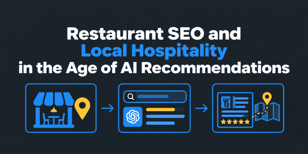Restaurant SEO and Local Hospitality in the Age of AI Recommendations – featured image with a dark charcoal background, blue and yellow icons representing a local restaurant, AI-powered search results, customer ratings, and map-based recommendations, illustrating local SEO and restaurant visibility in AI search engines.