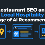 Restaurant SEO and Local Hospitality in the Age of AI Recommendations – featured image with a dark charcoal background, blue and yellow icons representing a local restaurant, AI-powered search results, customer ratings, and map-based recommendations, illustrating local SEO and restaurant visibility in AI search engines.