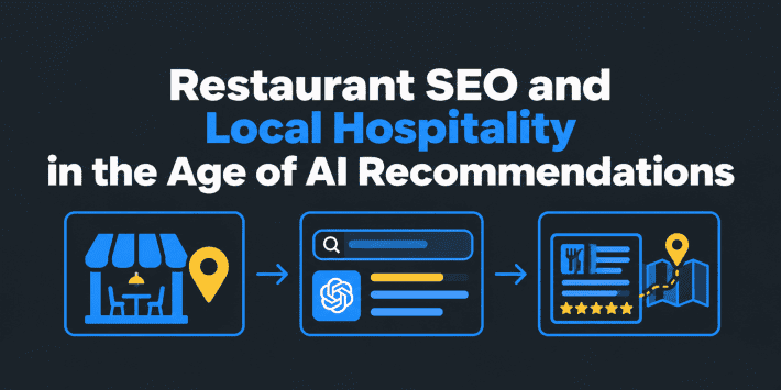 Restaurant SEO and Local Hospitality in the Age of AI Recommendations – featured image with a dark charcoal background, blue and yellow icons representing a local restaurant, AI-powered search results, customer ratings, and map-based recommendations, illustrating local SEO and restaurant visibility in AI search engines.