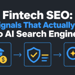Fintech SEO: Trust Signals That Actually Matter to AI Search Engines – featured image with a dark charcoal background, blue and yellow icons representing financial institutions, security verification, and AI-powered search, illustrating trust signals, credibility, and fintech SEO.