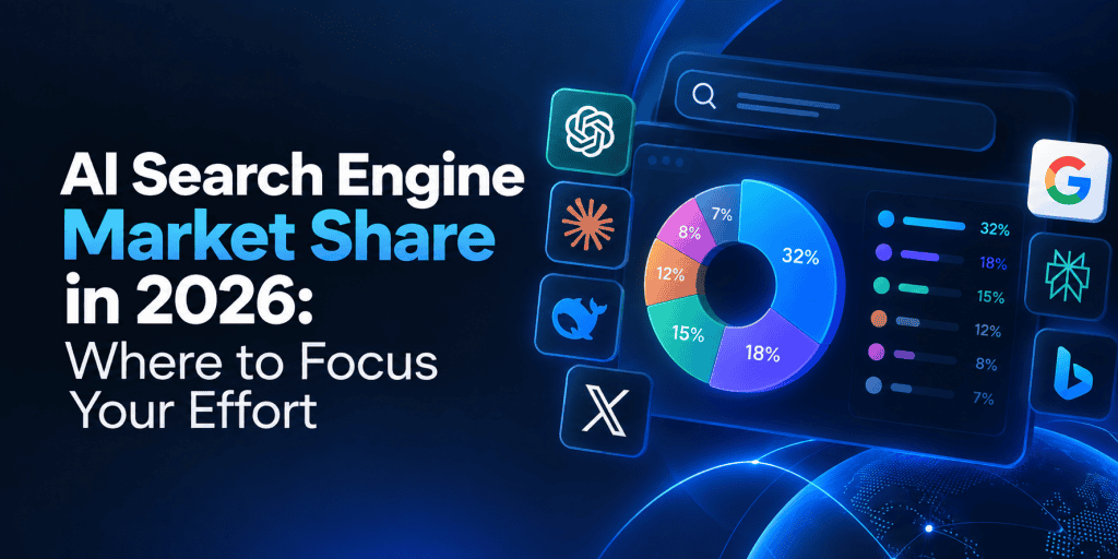 AI Search Engine Market Share in 2026: Where to Focus Your Effort – featured image with a dark blue background, market share pie chart, AI search analytics dashboard, and logos of ChatGPT, Google, Claude, DeepSeek, Perplexity, and Bing, illustrating AI search engine competition and market trends.
